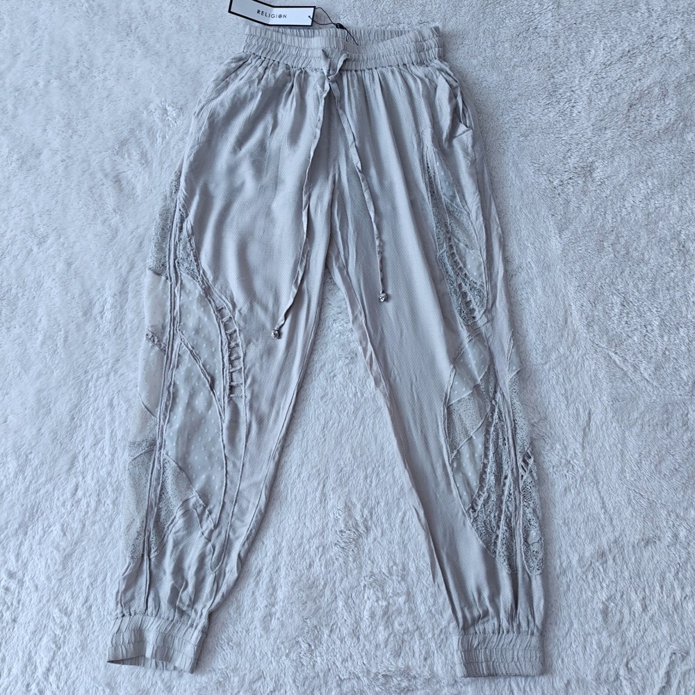Religion Womens Grey Lace Mesh Sheer Panel Joggers Metal Skull Aglets Size S NEW